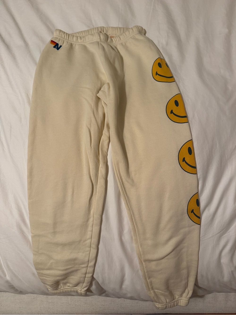 Aviator Nation Cream Sweatpants with Yellow Smiley Faces